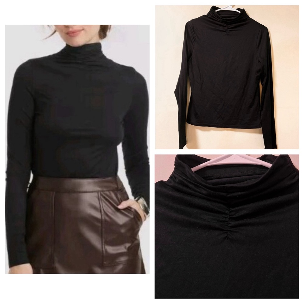 A New Day Classic Long Sleeve Ruched Neck High Collar Black Top Size S